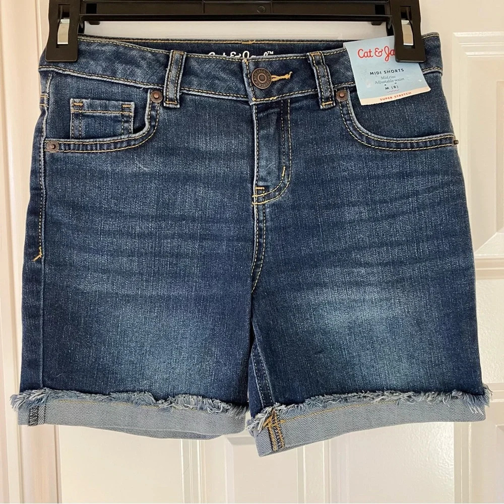 🐱 NWT Cat & Jack Girl’s Midi Super Stretch Roll Cuff Jean Shorts (Medium)